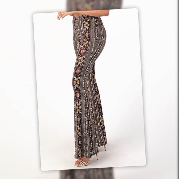 Tik Tok Famous Brown Multi Tribal Print Bell Bottom Flare Stretch Pants - Picture 6 of 12